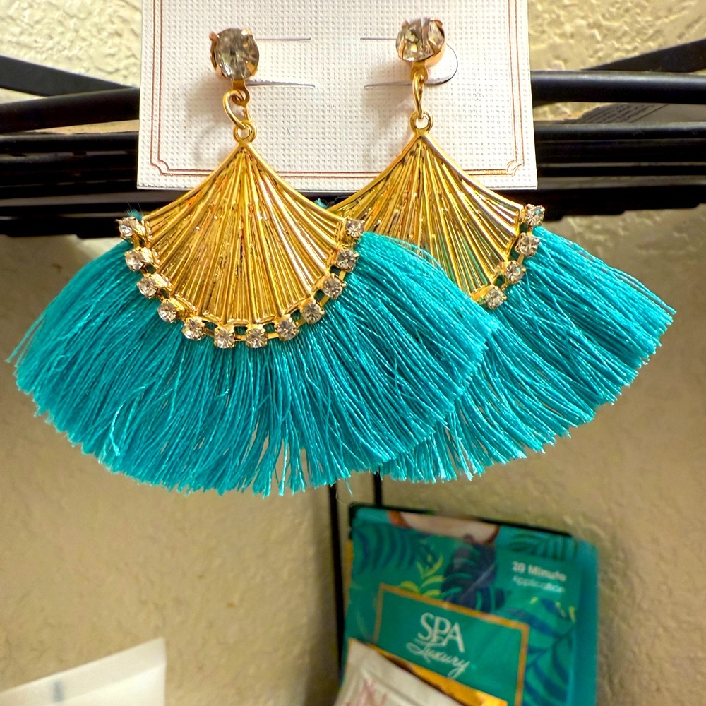 Gold and Teal Fan Tassel Earrings NEW!